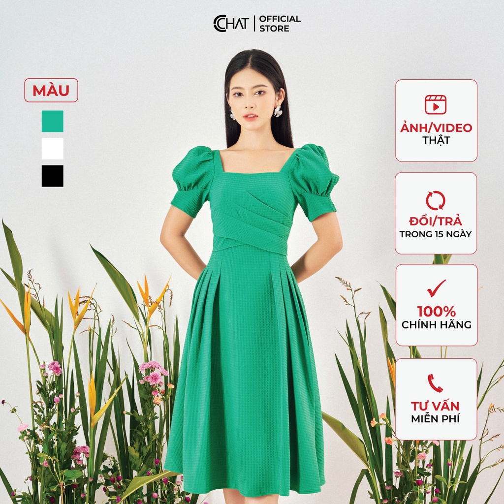 ชุดเดรสผู้หญิง CCHAT คอเหลี่ยม Cross-Breasted Youthful Elegant Style 12VNS2066XT