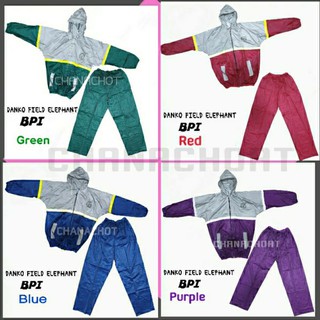 ชุดกันฝนเสื้อกางเกง BPI raincoat อย่างดี ตราช้าง มีแถบสะท้อนแสง กันน้ำ100% มีซิปหน้า มีฮู๊ดในตัวชุดกันฝน PVC เหนียว