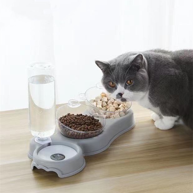 PP C26 ชามอาหารแมว ชามอาหารสุนัข พร้อมให้น้ำอัตโนมัติ มีที่กันฝุ่นลงน้ำ แบบยกสูงป้องกันกระดูกสันหลัง แบบ3หลุม 3IN1