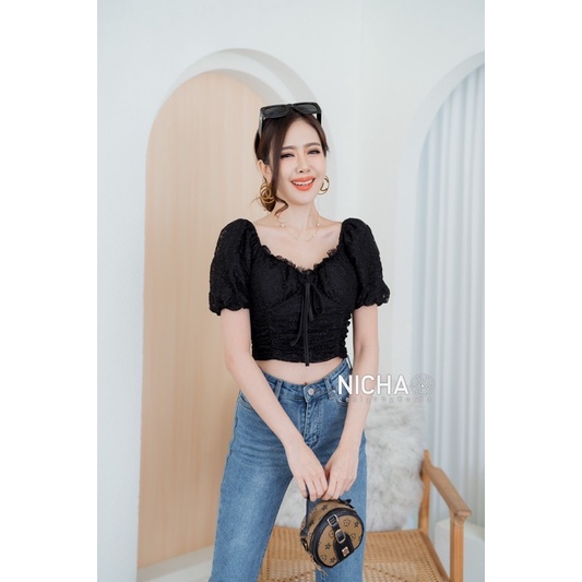 NICHA online🛒🌈เสื้อครอป แขนตุ๊กตา ผ้าลูกไม้ เสริมฟองน้ำ แต่งโบว์อก มีซิปด้านหลัง สามารถปรับได้ น่ารักๆๆ 🌸🥰 - รูปที่ 2