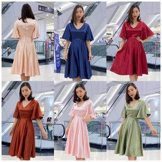 (S-3XL) ชุดราตรี เดรสแขนระฆัง คอวี พรางแขนพรางสะโพก กระโปรงบาน ใช้ผ้าเยอะสุดๆ งานพริ้วๆสวยๆ