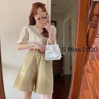 S Miss 2020 ใหม่แฟชั่นเกาหลีชุดสูทหญิงฤดูร้อนฝรั่งเศสคอวีกลวงด้านบนเอวสูงกางเกงขากว้างขากางเกงสูทแบบสองชิ้น