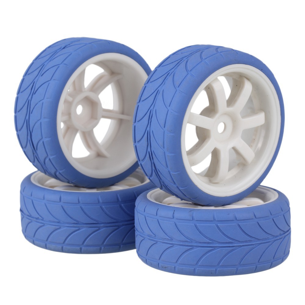 4x RC1:10 On Road Car White 7 Spoke Wheel Rim & Blue Arrow Pattern Rubber Tyre