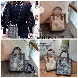 F.A ว่าแท้100%  TORY BURCH 87146 T MONOGRAM JACQUARD MINI  TOTE กระเป๋าโท้ทผู้หญิง กระเป๋าถือสุภาพสตรี กระเป๋าสะพายข้าง