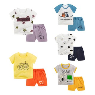 BABYWORLD เสื้อยืด Tops ผ้าฝ้าย ลายการ์ตูน + กางเกงขาสั้น