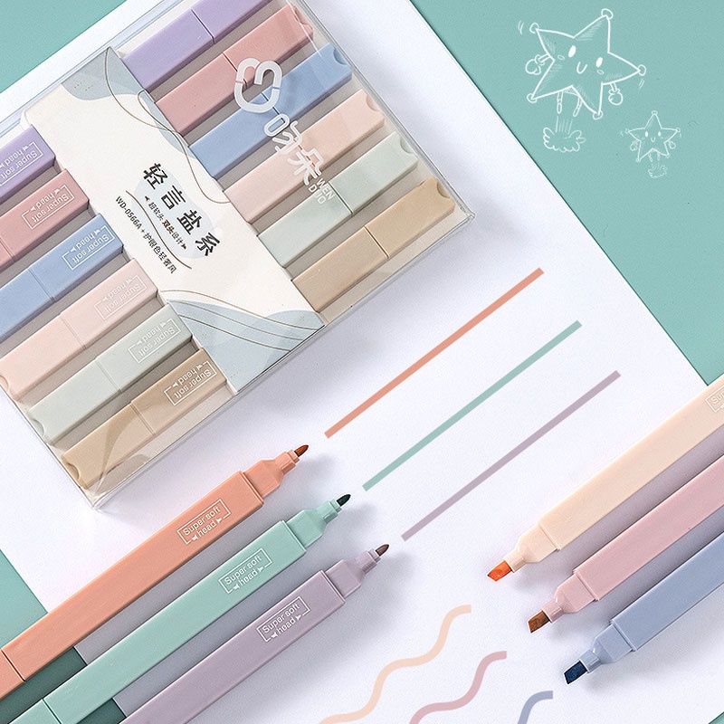 ปากกามาร์กเกอร์ ไฮไลท์ ปลายคู่ สีแคนดี้ สีมาการอง สําหรับนักเรียน จํานวน 6 ชิ้น ต่อชุด