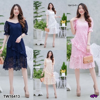 เดรสแขนพอง คอวี ผ้าลูกไม้ แต่งระบาย TT16413 Puff sleeve, V-neck, lace dress