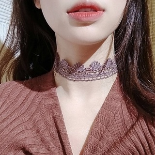 สร้อยโชคเกอร์ Choker BOHO สีม่วงนู๊ด Sexy สร้อยแฟชั่น โชคเกอร์ผ้าลูกไม้ สร้อยคอวินเทจ