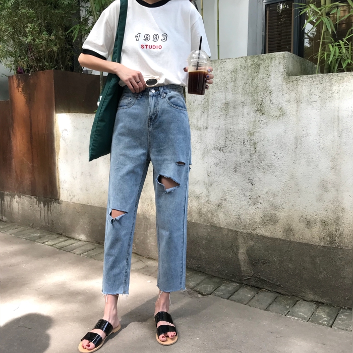 กางเกงยีนส์เอวสูงสไตล์เกาหลีสำหรับผู้หญิง 2018
