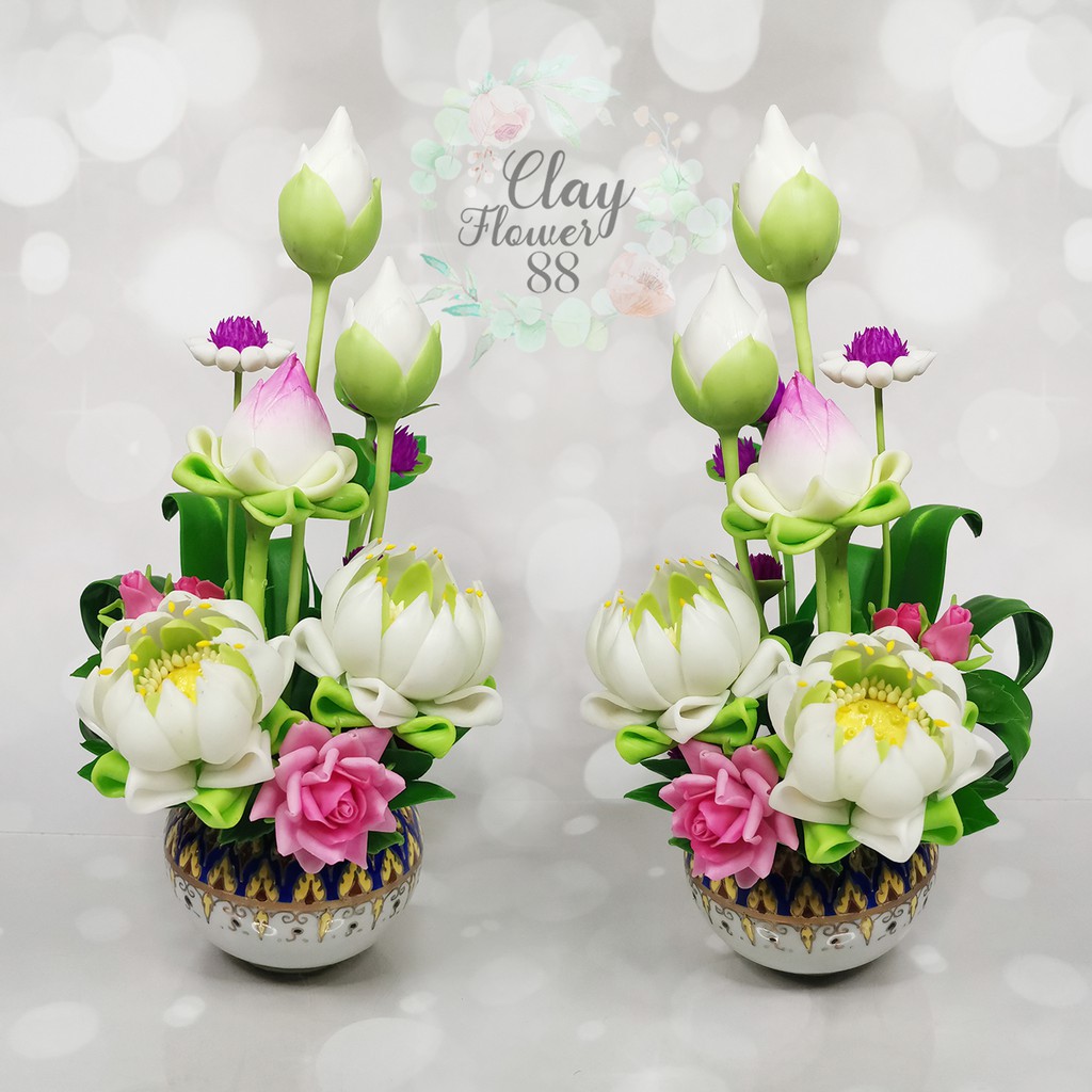 ชุดไหว้พระ ดอกบัวปลอมพร้อมพาน แจกันพระ ดอกไม้พระบูชา ใช้ไหว้พระและตกแต่งหิ้งได้ สูง 9 นิ้ว