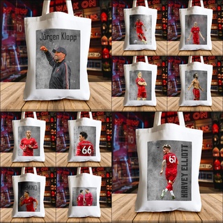 กระเป๋าผ้าแคนวาส ลายนักฟุตบอลลิเวอร์พูล Liverpool canvas tote bags ลายภาพวาดบนพื้นหลังเหล็ก สกรีนคมชัด