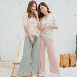 PETEBKK - COTTON PLEATED PANTS กางเกงขายาวสีพาสเทล เอวยางยืด