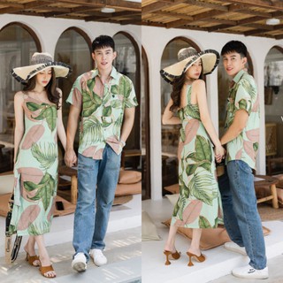 ชุด​คู่​ เดรสยาวไหล่เดียวลายใบมะพร้าว VSM