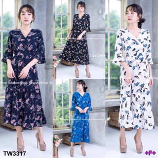 MaxiDress แม๊กซี่เดรสตัวยาวพิมพ์ลายใบไม้ใหม่ล่าสุด (3317)