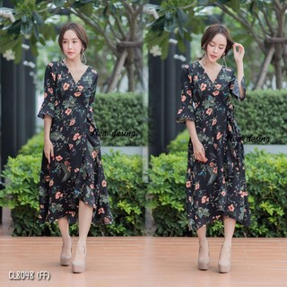 CL8048 Maxidress เดรสยาวผ้าหนังกบพิมพ์ลายดอกไม้