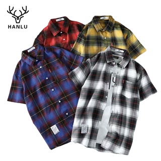 HANLU เสื้อผู้ชายลายสก็อต เสื้อเชิ้ตผู้ชาย เกาหลีแขนสั้นลายสก๊อต เสื้อผู้ชายเท่ เสื้อสไตล์เกาหลี