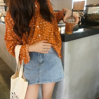 พร้อมส่ง🌸orange flowers shirt เสื้อเชิ้ตลายดอกไม้ สไตล์เกาหลี