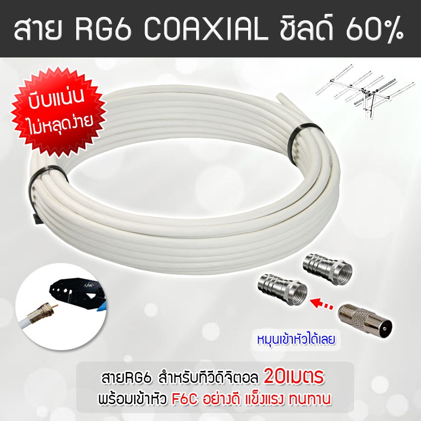 สาย RG6 สีขาว ทีวีดิจิตอล Coaxial 10 20 30  40 50 100 เมตร (พร้อมเข้าหัวแบบบีบอย่างดี)