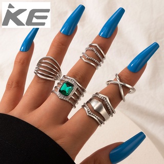 Exaggerated Jewelry Luxury Diamond Ring Set of Five Geometric Imitation Emerald Alloy Ring Set