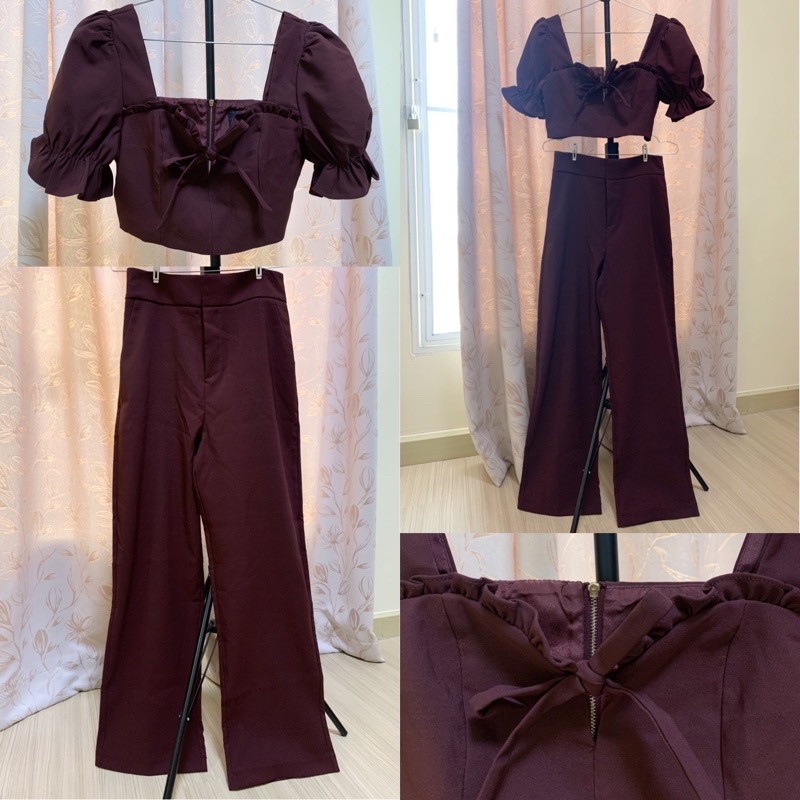 สินค้าใหม่ ชุดเซ็ทสวยๆ 2 ชิ้น เสื้อครอป กางเกงขายาว Lover’s shop Size M สีเบอร์กันดี เลือดหมู ใส่ออก