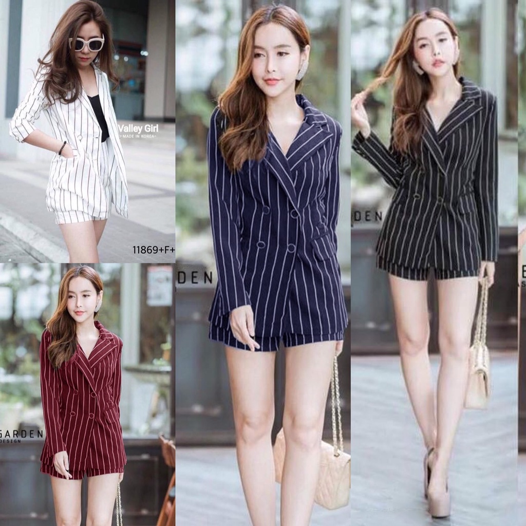 MF11869 Set 2 ชิ้น เสื้อสูทแขนยาว ติดกระดุมหลย งานผ้าโฟร์เวย์ลายริ้ว + กางเกงขาสั้นเข้าเซท ลุคสาวมั่น ดูเป็นทางการค่ะ