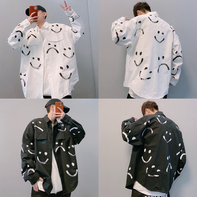 พร้อมส่ง เสื้อเชิ้ตแขนยาว ลายปิ้นสกรีนรูปยิ้มทั้งตัว สไตล์เกาหลี ทรงโอเวอไซส์ใหญ่ตก SL35