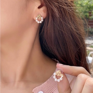 ต่างหูมุกกลมดอกกุหลาบ Rose Round Faux Pearl Decor Stud Earrings