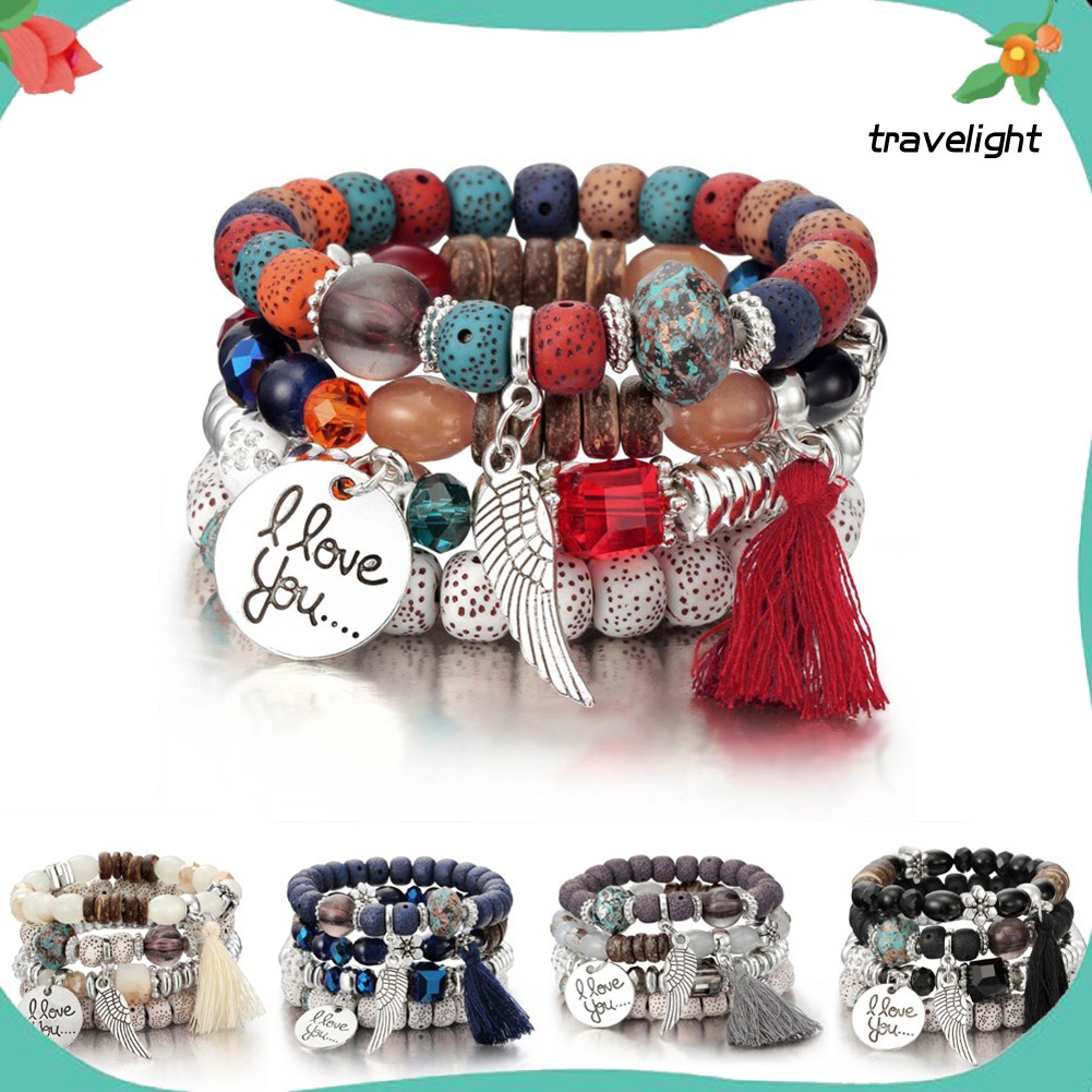 TL4ชิ้นชุดโบฮีเมียสไตล์ปีกลูกปัดสร้อยข้อมือผู้หญิงกําไลข้อมือเครื่องประดับพรรค