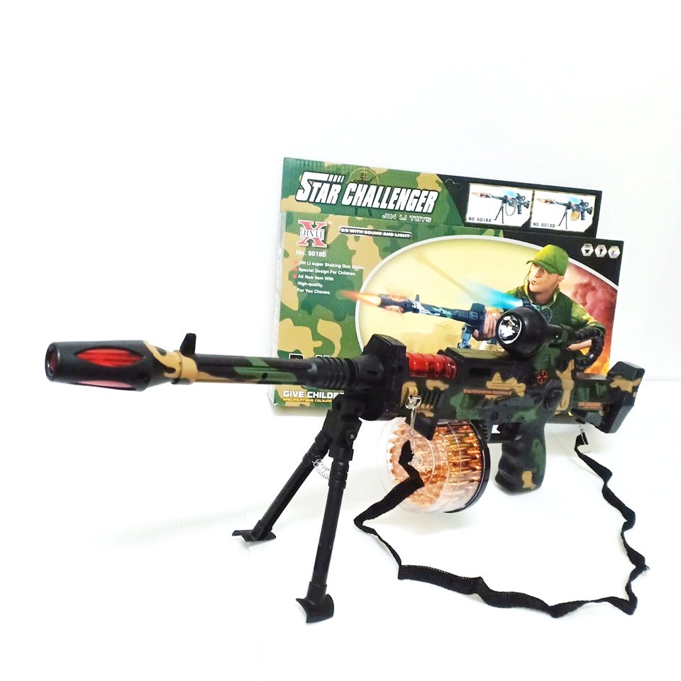ของเล่นเด็กชาย ปืนเด็กเล่นใส่ถ่าน รุ่น6018มีเสียง+ไฟ พร้อมขาตั้งและสายสะพาย ปืนของเล่น ของเล่นสมมุติ