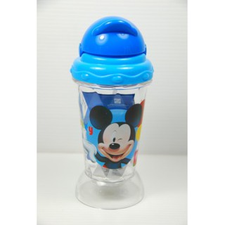 CMIC005 แก้วน้ำหลอดนิ่ม ลาย Mickey Mouse สีฟ้า ขนาด 300ml สูง 7นิ้ว ฐานกว้างล้มยาก ฝาดันหลอดนิ่ม