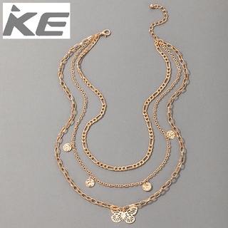 Popular element necklace Metal butterfly disc chain 3 layers simple necklace for girls for wom