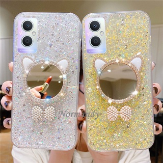 Fashion เคส Casing OPPO Reno7 Z / Reno6 Z 5G 2022 New Glitter Sequins Phone Case Diamond Cat Ears Makeup Mirror Back Cover VivoV23 5G เคสโทรศัพท์