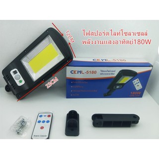 ไฟถนนโซล่าเซลล์ LED 180Wเปิดปิดอัตโนมัติ กันน้ำกันฟ้าผ่า+รีโมท