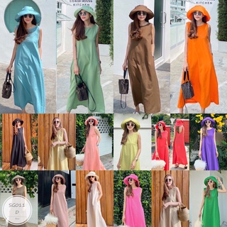 ML011 Maxi Dress เดรสยาว เว้าหลัง แขนกุด มีกระเป๋าข้างสองข้าง เนื้อผ้าลินินเนื้อดี เรียบหรูดูดีสุดๆ มาพร้อมหมวกเข้าเซต