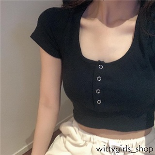 Wittygirls-shop_เสื้อยืดคอกลม แขนสั้น โชว์สะดือ สําหรับผู้หญิง