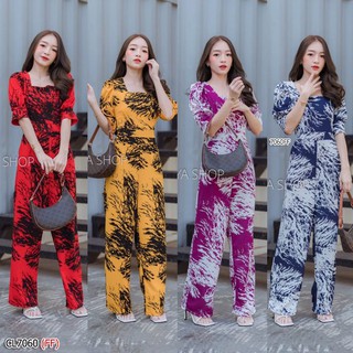 CL7060(FF)Jumpsuit จั๊มสูทขายาว คอเหลี่ยม แขนพอง ซิปหลังยาว มีเชือกผูกเอว มีกระเป๋าล้วงข้าง เนื้อผ้าวูฟล์เวฟลายปะการัง