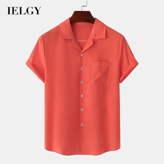 Ielgy เสื้อเชิ้ตโปโลลําลอง คอปก มีกระเป๋าแถวเดียว สีพื้น สําหรับผู้ชาย