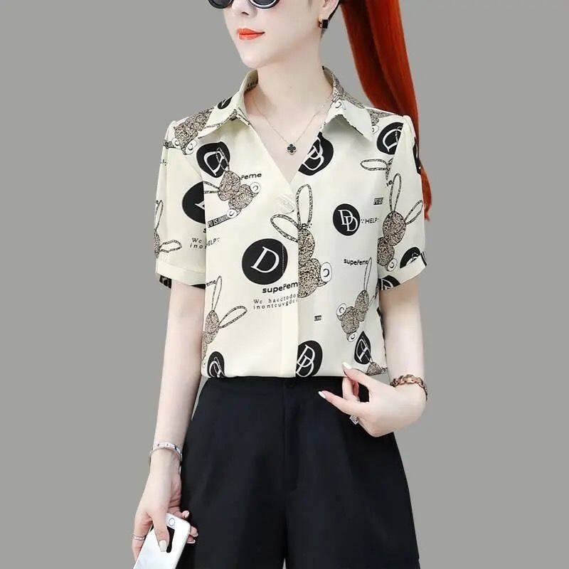 เสื้อโปโลแขนสั้นลําลอง ผ้าชีฟอง ทรงหลวม พิมพ์ลาย แฟชั่นฤดูร้อน สไตล์เกาหลี สําหรับผู้หญิง