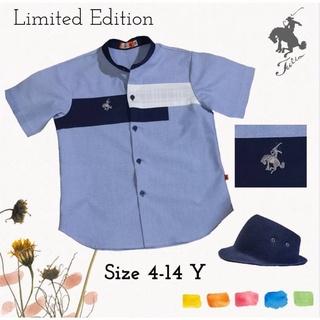 เชิ้ตแขนสั้นผ้า oxford ตกแต่งผ้าสีแถบอก ขนาด 4-14 ปี ปักโลโก้ม้า tulio รุ่น limited edition