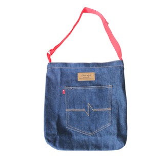 Pom N Jeans กระเป๋ายีนส์วินเทจ กระเป๋าผ้า สายปรับสีแดง มี 5 ลาย 14x16" Jeans Bag