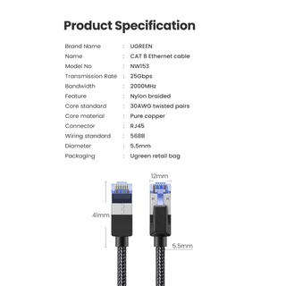 Ugreen 5m สายแลน เครือข่ายอีเธอร์เน็ต ไนลอนถัก Cat8 40Gbps 2000Mhz สําหรับแล็ปท็อป Ps 4 Router Rj45