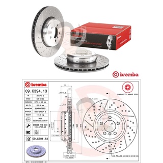 D09 C394 13 จานเบรค ล้อ F (ยี่ห้อ BREMBO) รุ่น HC UV PVT BMW ซีรี่ส์ 3 F30, ซีรี่ส์ 4 F32 (M) F20/21 Drilled/Groove ป...