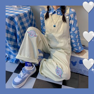 💗overalls เอี๊ยมกระโปรงยีน กางเกงแขวน กางเกงชิ้นชิ้นเดียว/ชุดเซท ยีนส์หลวม overalls แกะปัก กางเกงทรงเอี๊ยม