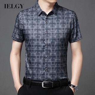 Ielgy เสื้อเชิ้ต แขนสั้น คอปก ลายสก๊อต แบบบาง แฟชั่นสําหรับผู้ชาย