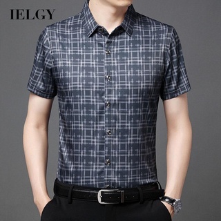 Ielgy เสื้อเชิ้ต แขนสั้น คอปก ลายสก๊อต แบบบาง แฟชั่นสําหรับผู้ชาย