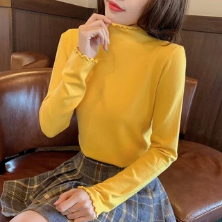 เสื้อแขนยาวผู้หญิง คอเต่า สีพื้น เนื้อผ้านิ่ม สไตส์เกาหลี