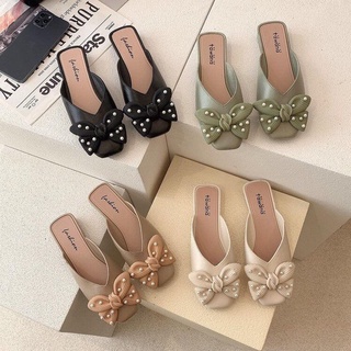 รองเท้าผู้หญิง 🩰👠รองเท้าแฟชั่น รองเท้าคัชชู 👢แบบเปิดส้น แต่งโบว์ไข่มุกสวย 💋สไตล์เกาหลี ราคาถูก T25