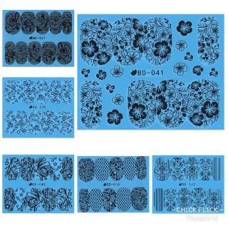 สติกเกอร์ติดเล็บ สติกเกอร์ตกแต่งเล็บ แทททูติดเล็บ แบบลอกลายน้ำ ลายขาว-ดำ  (BD037-BD042)