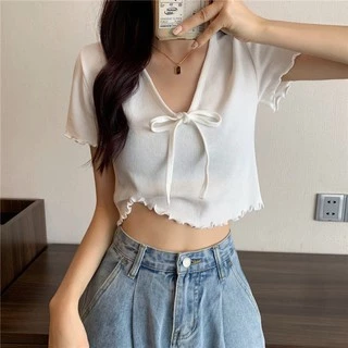 Korean 🍓 เสื้อไหมพรมผูกโบ 🍓 แขนระบายชายระบาย ไหมพรมเนื้อดี น่ารักวัยใสๆ 7516