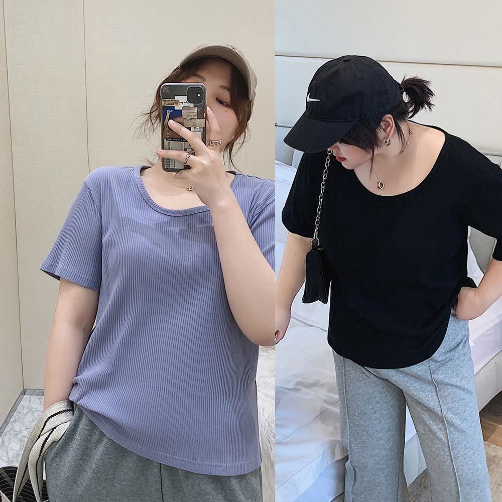 เสื้อผ้าแฟชั่นผู้หญิง  เสื้อยืด แขนสั้น สีทึบ ไซส์ใหญ่หลวมสไตล์เกาหลี S-5XLใส่ได้ 115 กก.